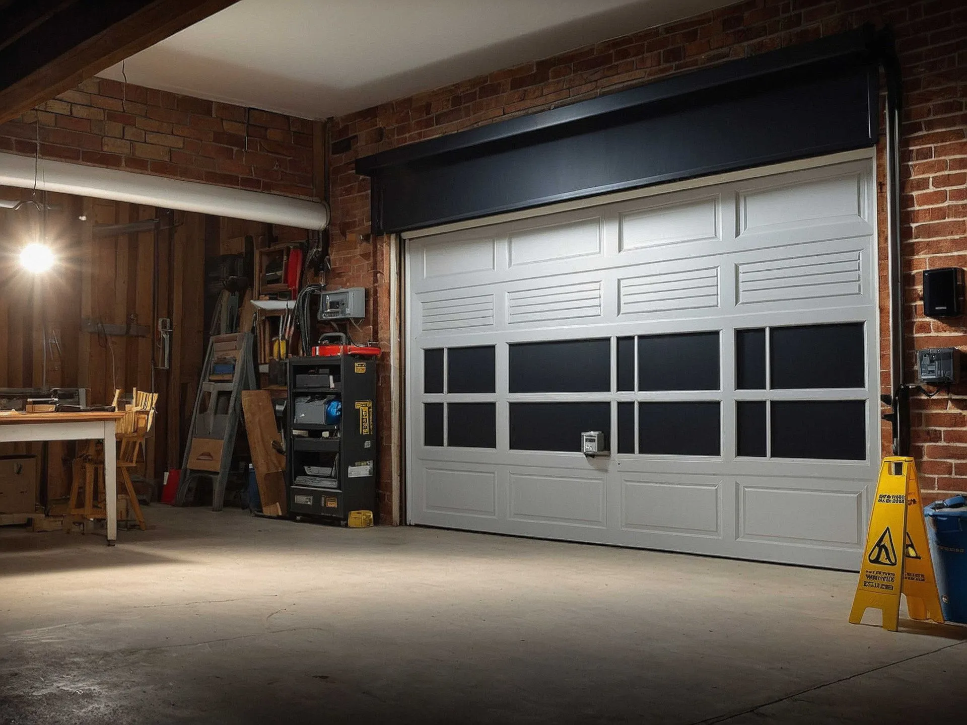 White panelled garage door with window inserts seen from inside a workshop